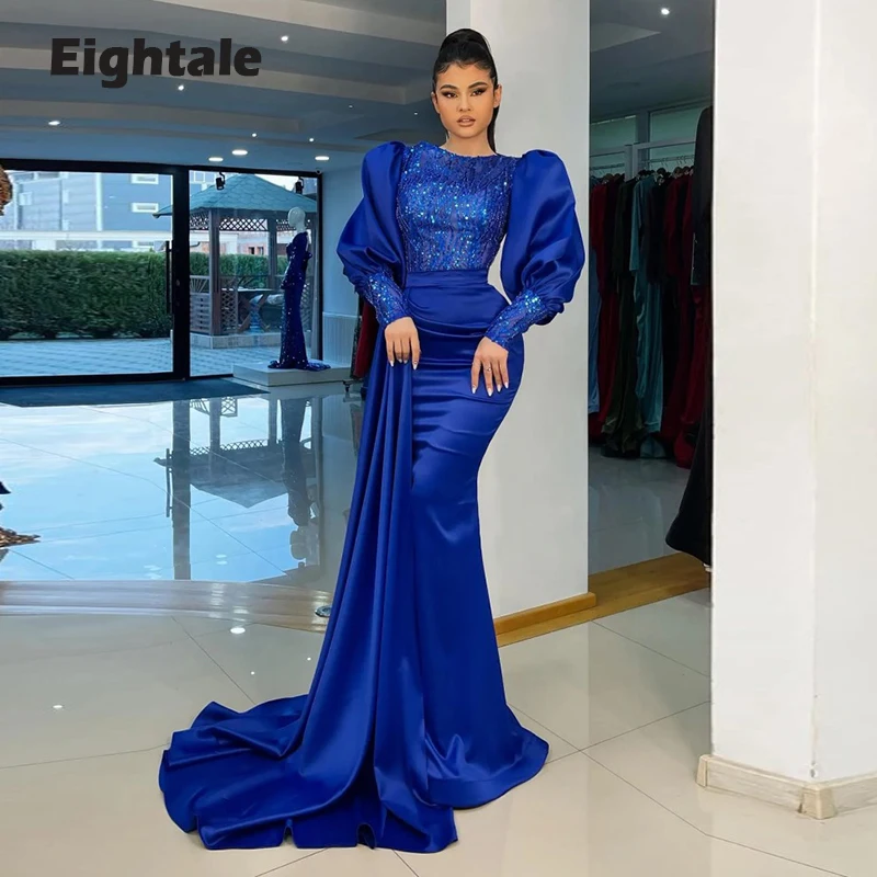 

Eightale Royal Blue Evening Dress for Wedding Party O-Neck Long Puffy Sleeves Satin Mermaid Prom Gown Celebrity vestido festa