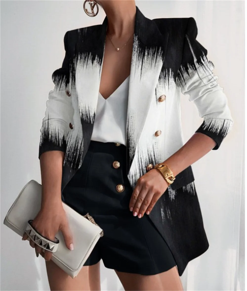 Fashion Women‘s Jacket 2023 New in Casual Print Double Breasted Slim Clothing Female Elegant Office Lady Business Blazers