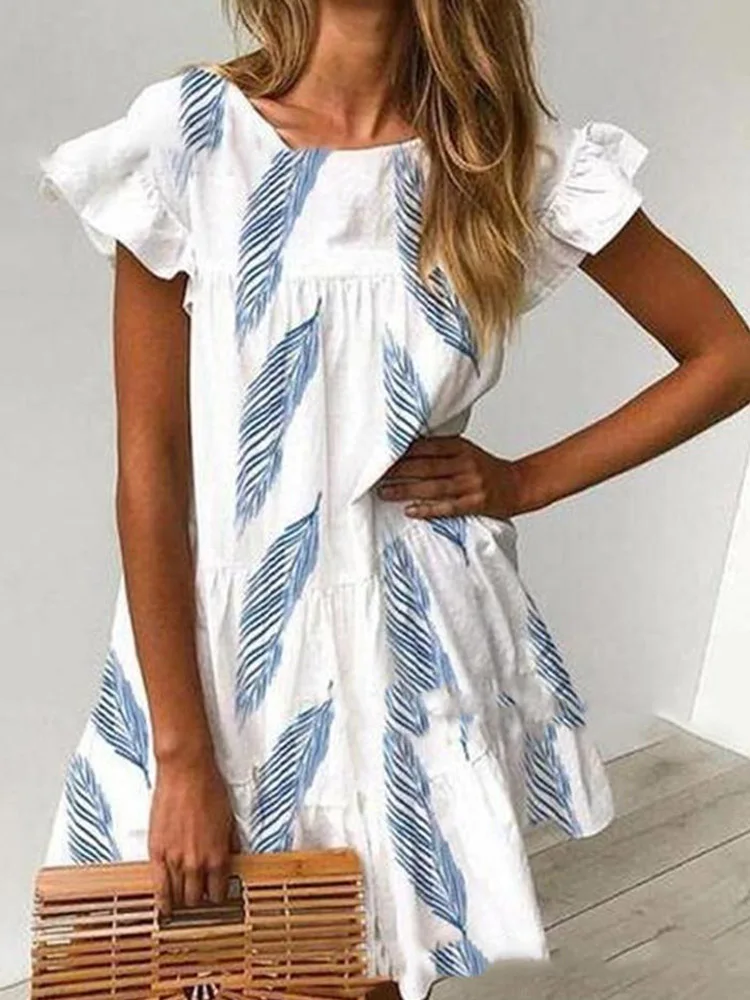 

2022 New Elegant Party Pleated Women Dress Casual Print Pattern Sweet Girly Mini Dress Summer Beach O Neck Short Sleeve Sundress