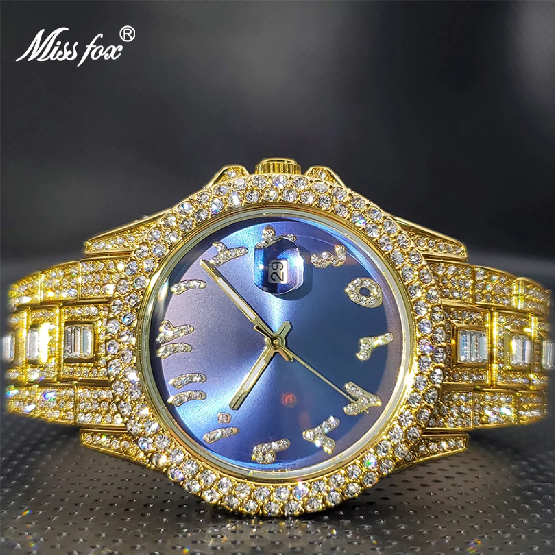 

Relogio Luxury Brand MISSFOX Gold Dimaond Royal Blue Sunbrust Dial Elegant Watches Calendar Waterproof Latest Explosion Models