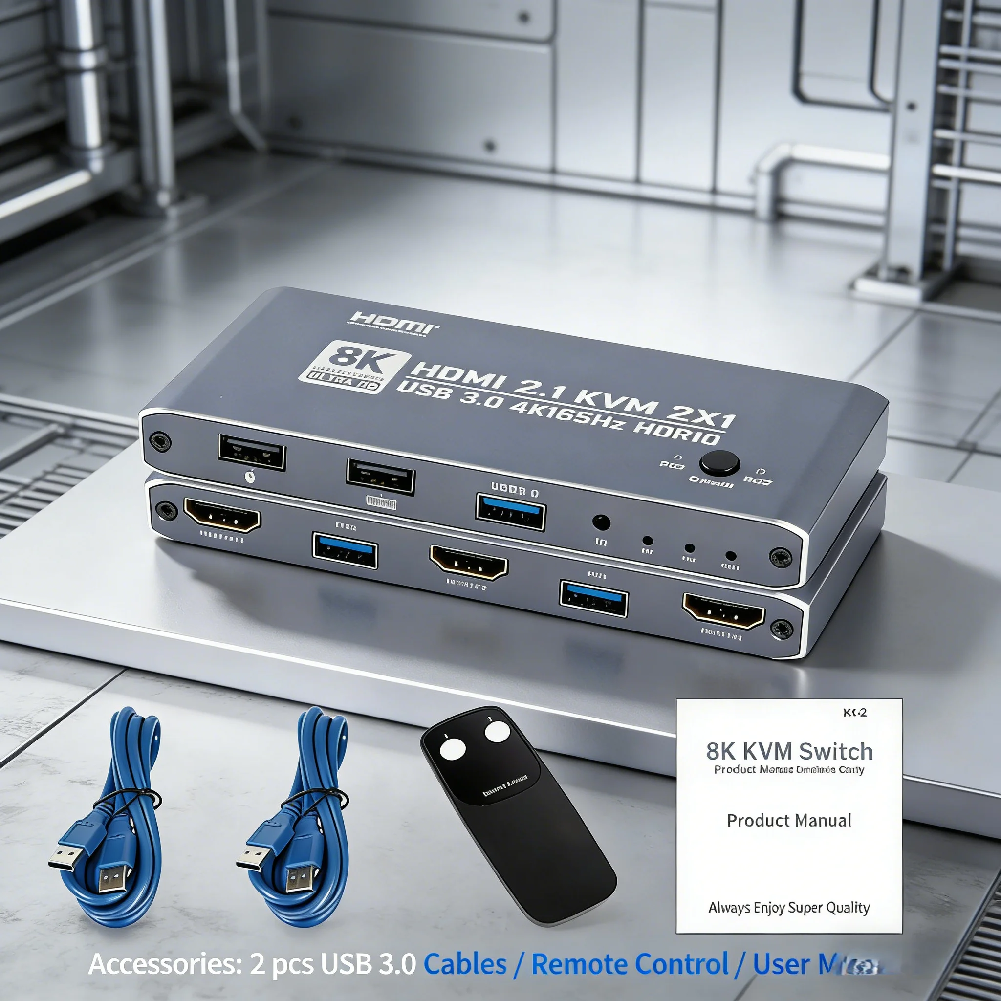 Фото Компактный KVM-переключатель HDMI 2.1, USB 3.0 2 входа 1 выход, 2 компьютера могут использовать монитор, клавиатуру и мышь с ИК-пультом дистанционного управления №1
