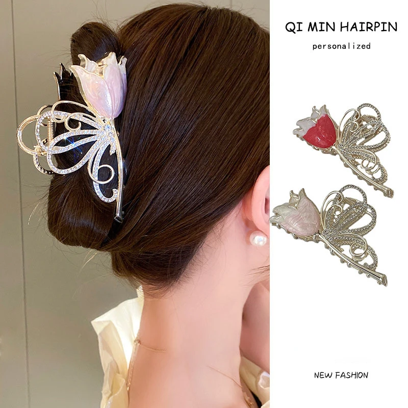 Ful Tulip Orchid Hair Clips Korean Women Hair Claw Elegant Large Metal Crab Shark Clip Female Hair Accessories