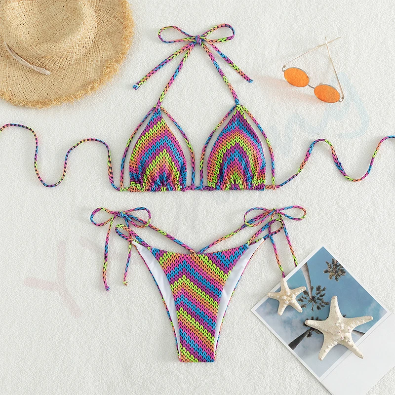 

2023 New Sexy Trendy Fashion Bikini Rainbow Color Sling Halter Neck Gathering Swimsuit Backless Swimwear Beachwear with Cushion