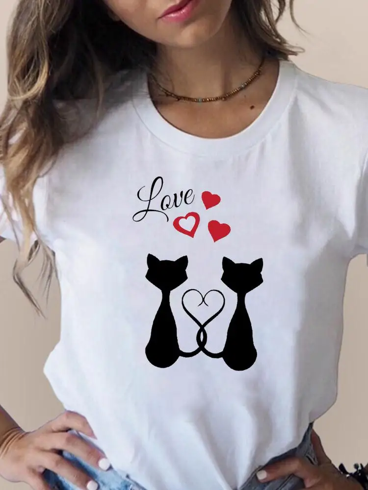 

Print T Fashion Women's Clothing Short Sleeve Clothes Letter Cat Love Sweet 90s Summer Ladies Female T-shirts Graphic Tee