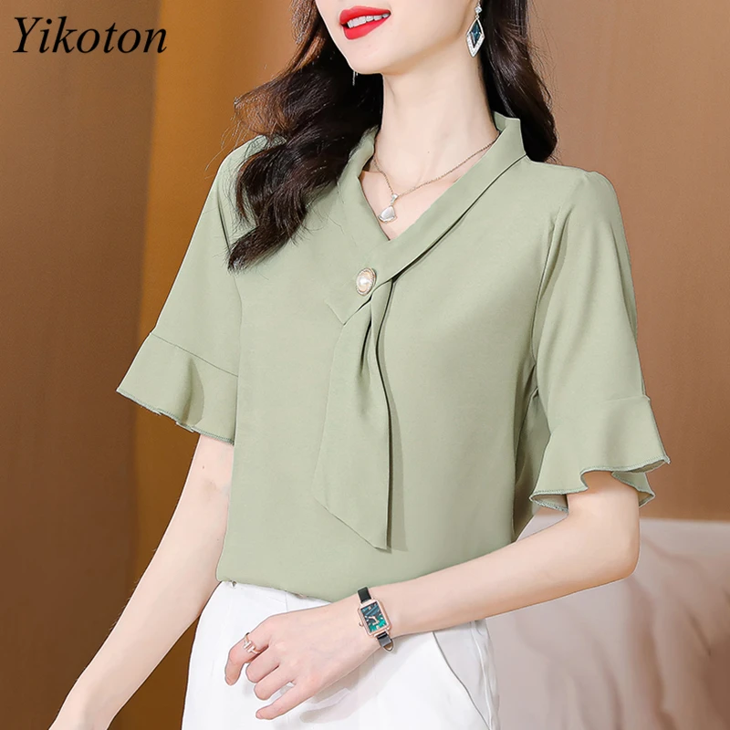 

2022 Women Chiffon Blouses Chic Shirt Top Ladies Blouse Summer Clothes For Woman Tops Short Sleeve V-Neck Loose Plus Size 4XL