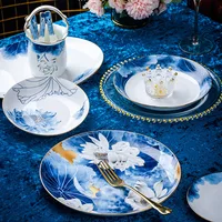 Jingdezhen Ceramic tableware household bowls and dishes set, high-grade gilt blue and white Chinese bone china bowls and dishes