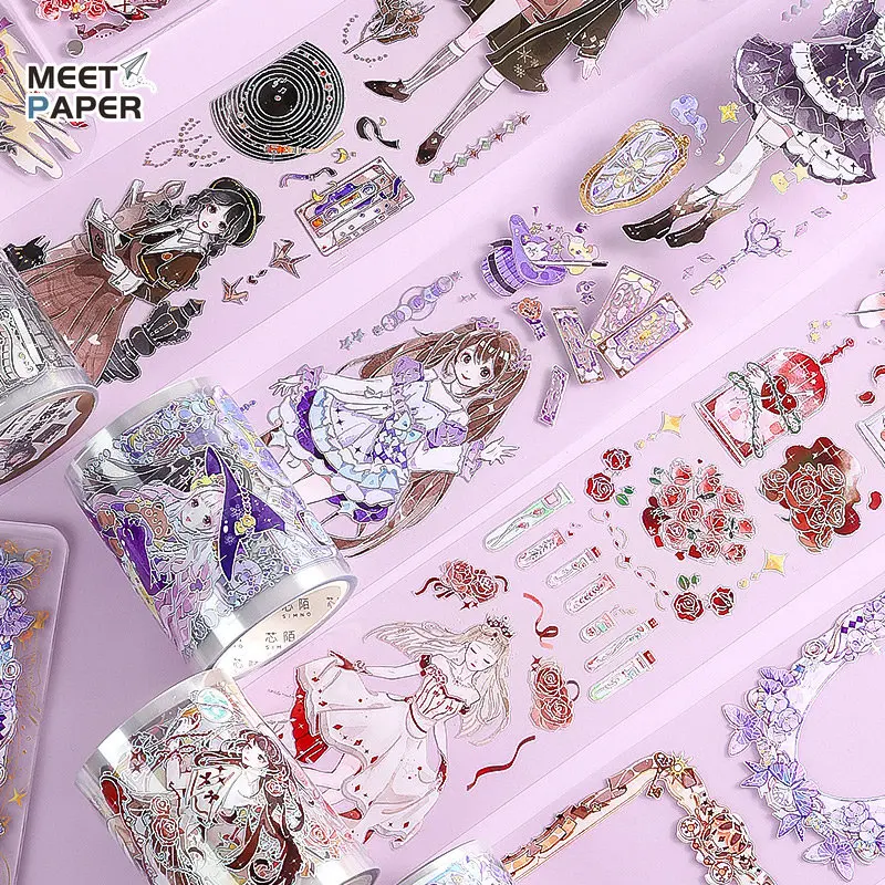 

2 Meters/roll Kawaii Cartoon Girl Stickers for Decoration Aesthetic PET Scrapbooking Supplies Gilding Journal Planner Stationery