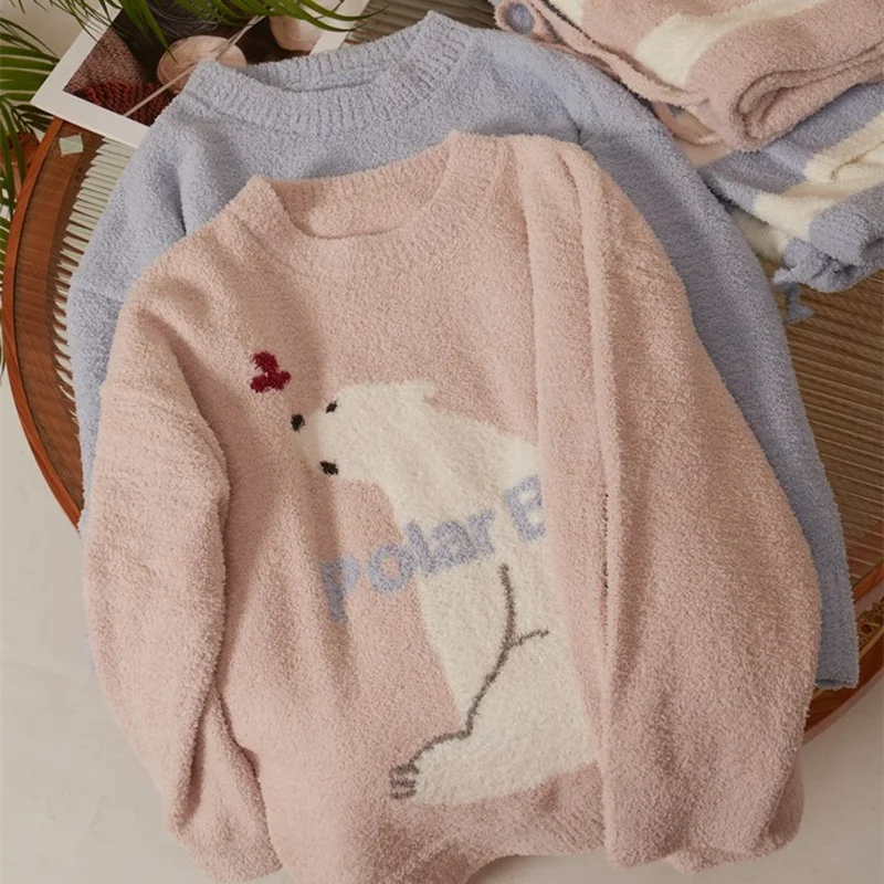 Polar Bear Fuzzy Pyjamas Women Winter Pajamas Thickened Soft Warm Home Suit Women Lounge Set Dropshipping