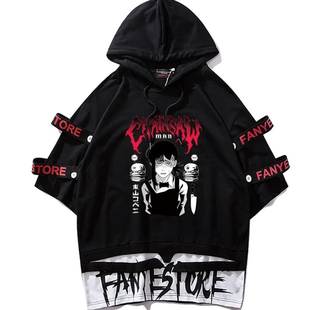 

Chainsaw Man Short Sleeve Anime Streetwear Aki Hayakawa Y2k Clothes Ribbons Letter Print Patchwork T Shirt Men Women Casual Tops