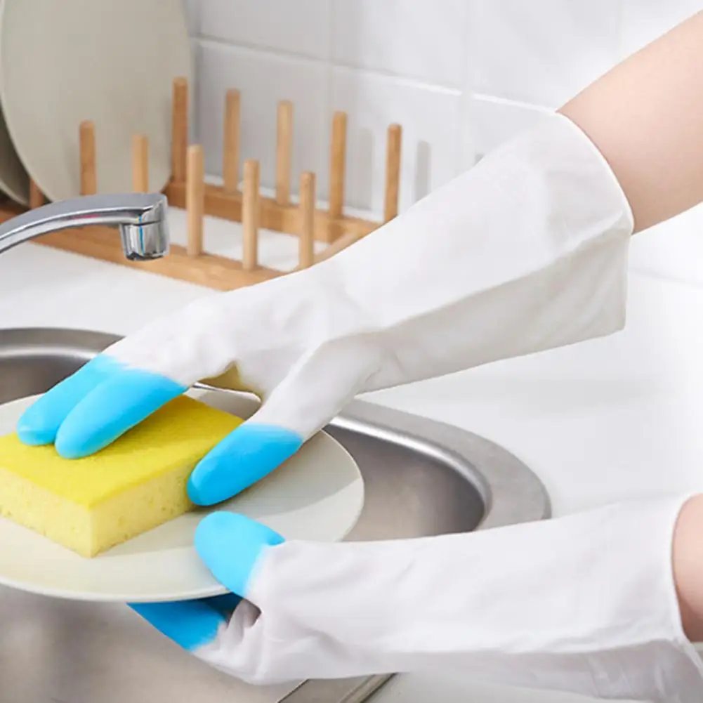 

1 Pair Cleaning Gloves Non-Slip Waterproof PVC White Long Sleeve Dishwashing Gloves Durable Multi-use Household Gloves