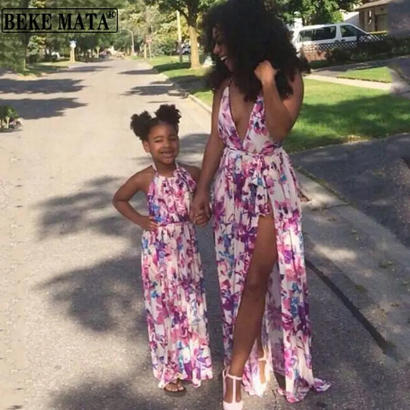 

BEKE MATA Mom And Daughter Dress 2022 Summer Deep V High Fork Mother And Daughter Matching Clothes Sleeveless Family Look Outfit