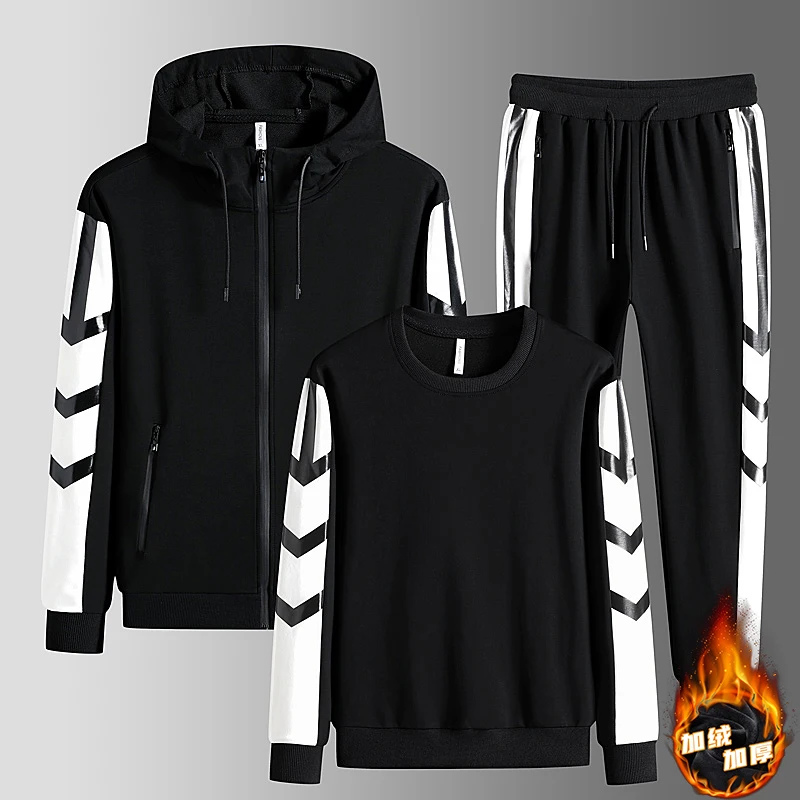 

Men's autumn and winter hooded sweater men's casual jacket set with handsome set men's clothes plus velvet three-piece