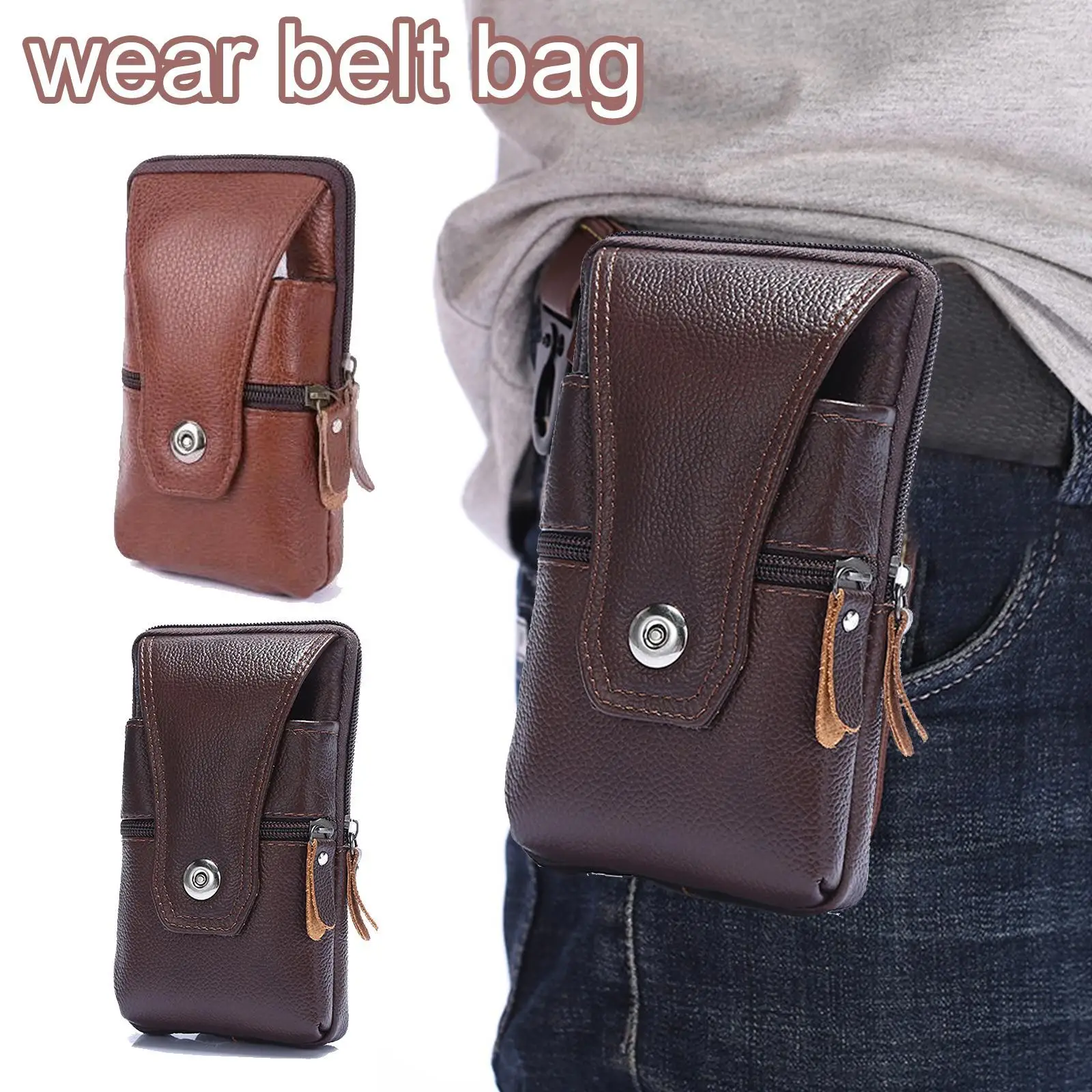 

Multifunctional leather belt hanging bag retro waist bag running bag outdoor sports mobile phone leather waist casual pouch