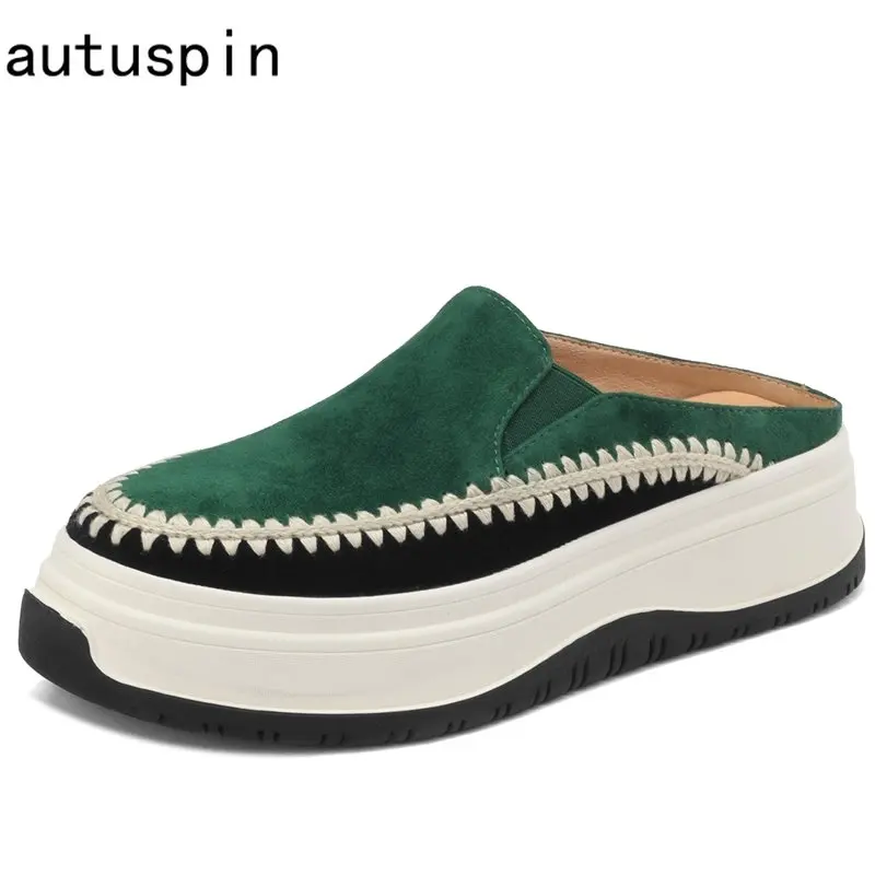 

Autuspin 4.5cm Flats Platform Women Mules Ethnic Style Suede Leather Round Toe Slippers Office Lady Heels Retro Casual Shoes