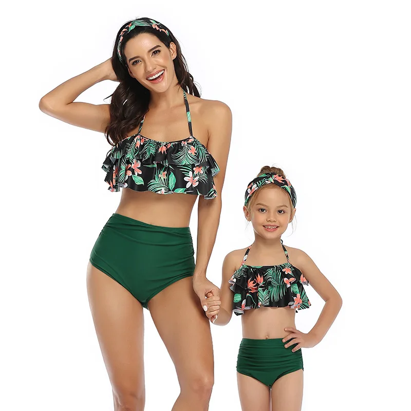 

2PCS Swimsuit Family Matching Outfits 2022 Summer Mommy and me Printed High Waist Bikini Ruffled Mother-Daughter Swimwear