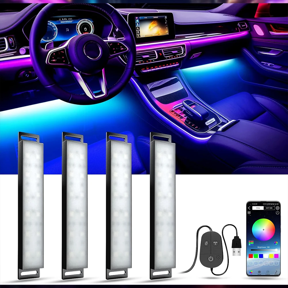 

Салон автомобиля, окружающий RGB светильник для ног, неоновая динамическая синхронизация музыки с управлением через приложение, аксессуары для салона автомобиля, свет настроение, неоновая светодиодная лента