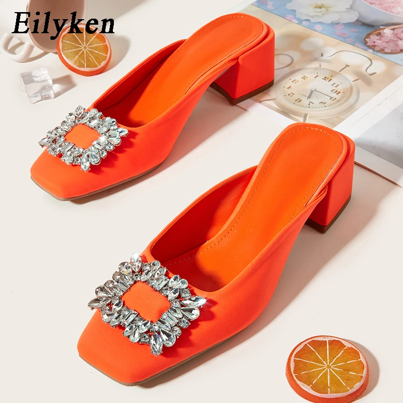 

Eilyken New Design Square Toe Women Slippers Fashion Crystal Buckle Thick Low Heel Female Mule Shoes Party Dress Sandals