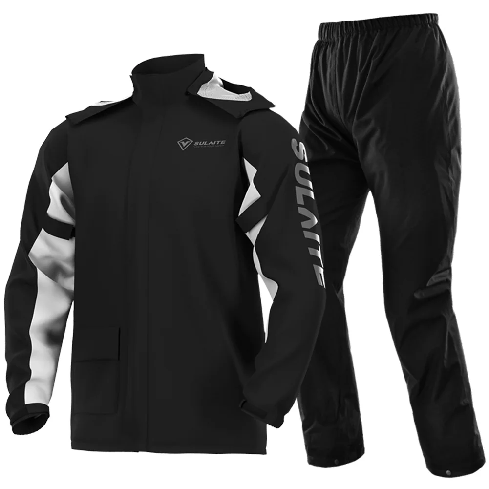 Enlarge SULAITE Reflective Motorcycle Raincoat Suit Lightweight Foldable Waterproof Rain Jacket + Pants with Shoe Covers Suit New Black