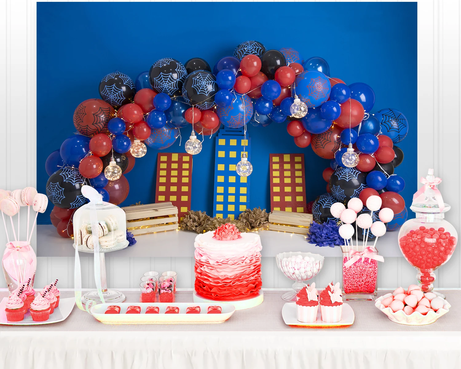 

Синий фон для фотосъемки с изображением города здания торта разбитого мальчика на 1-й День рождения паука воздушные шары Фотофон из винила