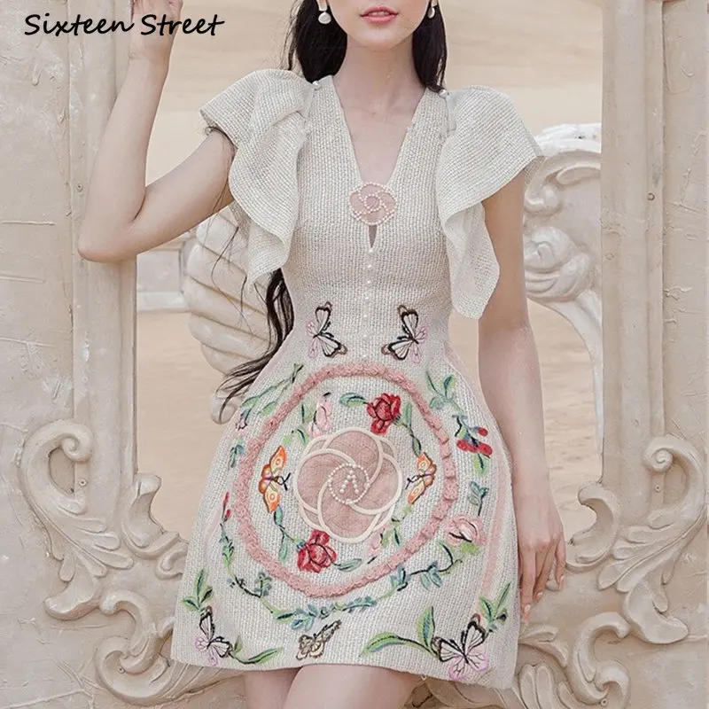 

Vintage Embroidery Flower Lace Dress Women 2023 V-neck Vacation Elegant Party Vestido Ladies Desert A-line Women's Clothing