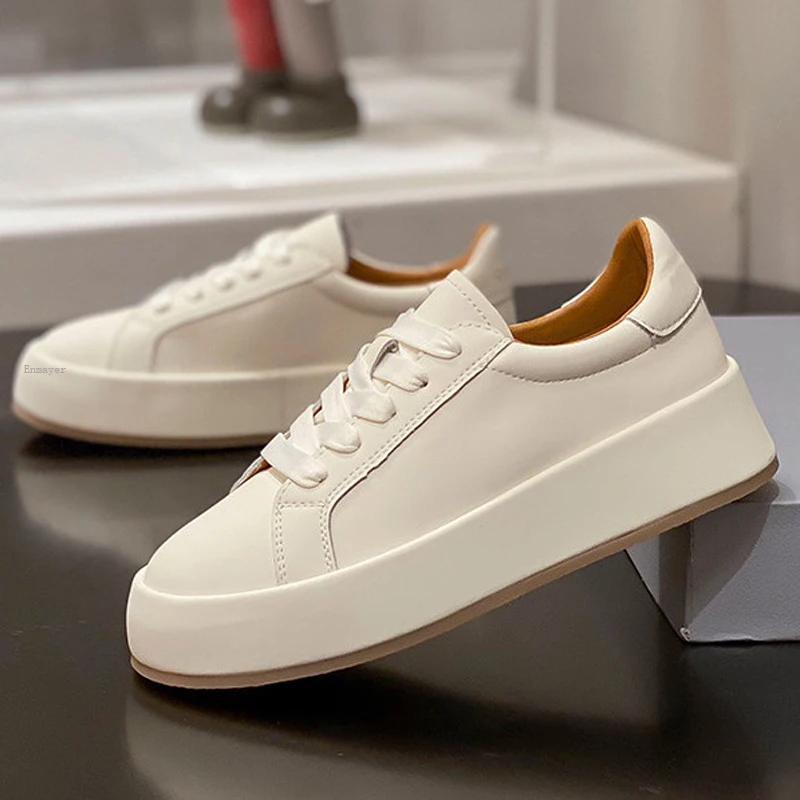 

ENMAYER 2023 Ins Real Leather Shoes Women Sneaker Fashion Shoes Height Increasing Casual Daily Ladies Footwear Size 34-40