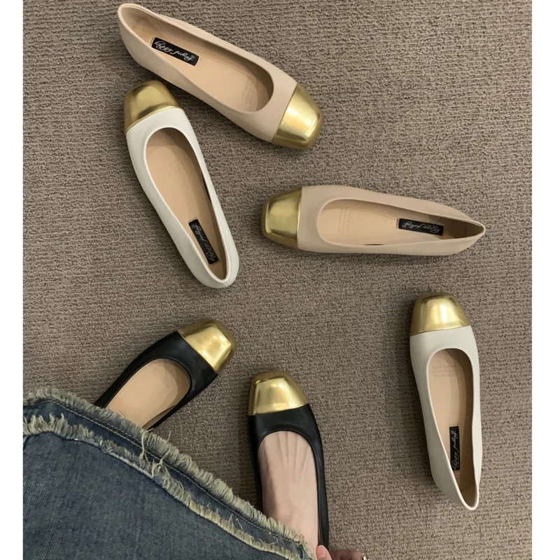 

Black Gold Color Matching Single Shoes Women Square Toe Flats Casual Women's Shoes France Style Fashion Shallow Mouth Soft Sole