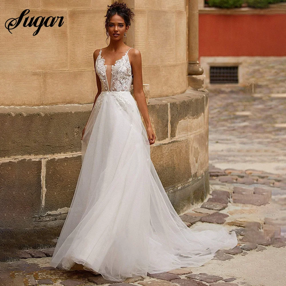 

Simple Wedding Dresses 2023 Spaghetti Straps Lace Appliques Beading Backless Sweep Train Soft Tulle Robe De Mariee Customize