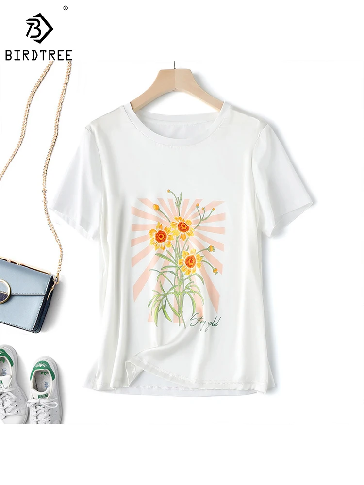 

Birdtree Women White T Shirt 100%Real Silk and Cotton 19MM Round Collar Floral Printed Summer Tee 2023 New Tops T38203QD
