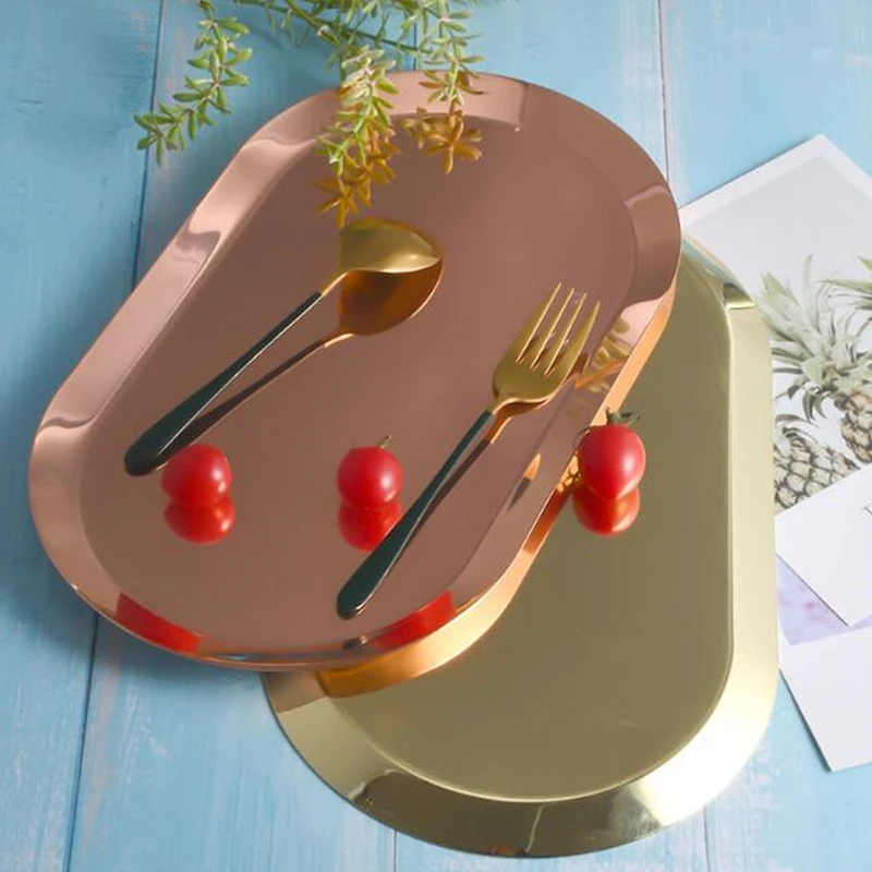 Oval Golden Storage Tray Stainless Steel Desktop Metal Dishes Cosmetic Jewelry Dessert Tea Plate Home Decoration |