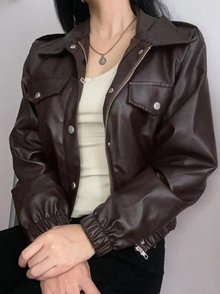 

Кожаная Милая модная Свободная куртка из искусственной кожи, новинка 2022, весенне-осенняя Короткая свободная тонкая байкерская куртка с отв...