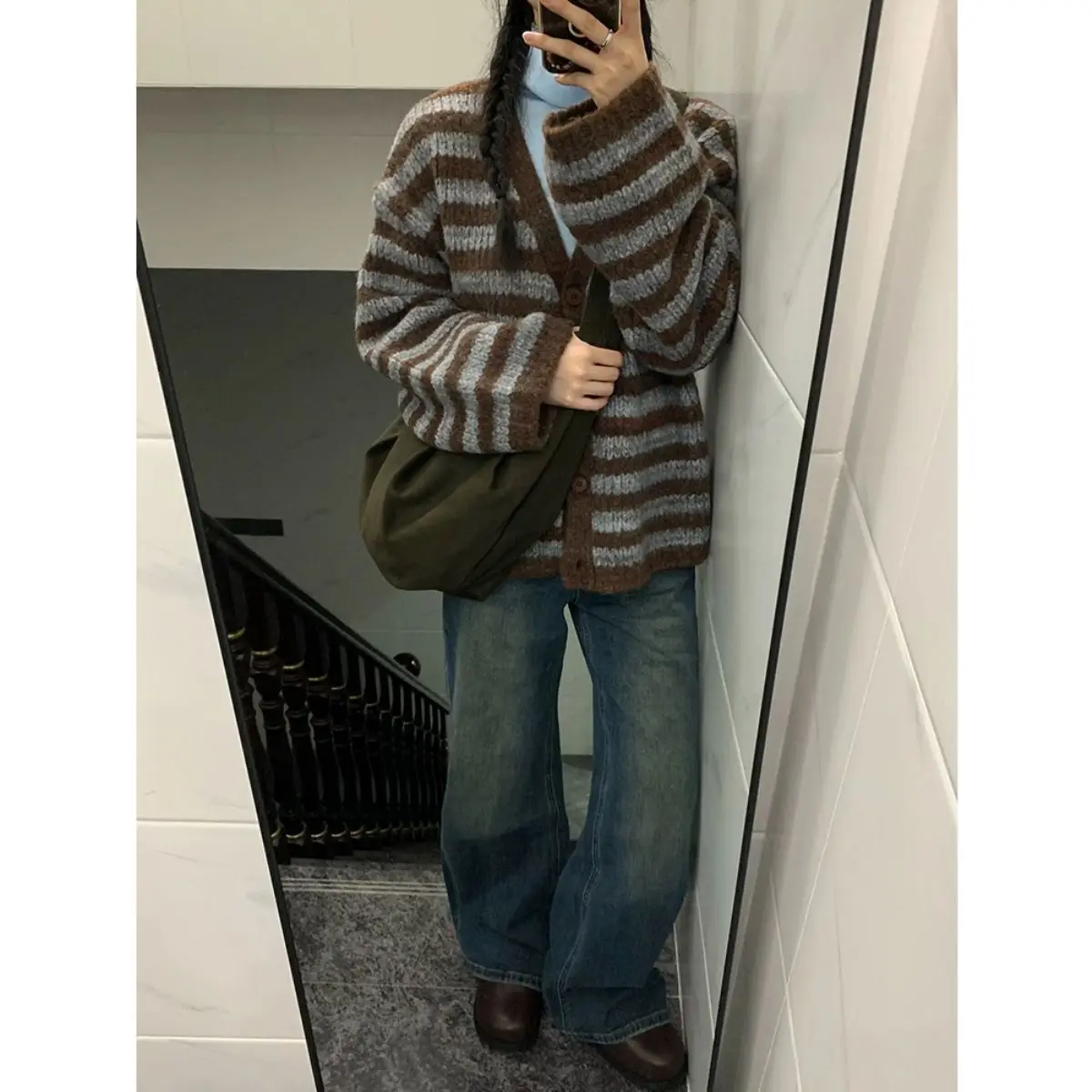 Американский винтажный свитер пальто женский осенне-зимний Новый Полосатый