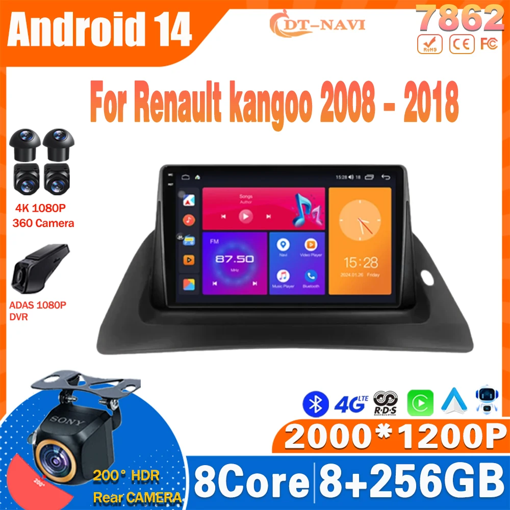 Автомобильный радиоприемник Android 14 для Renault kangoo 2008-2018 мультимедийный видеоплеер