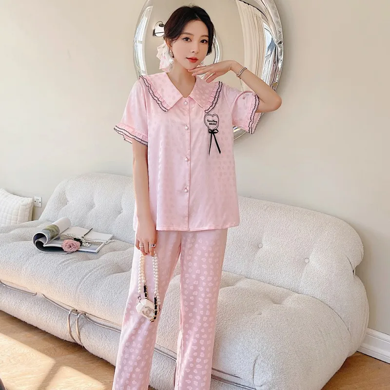 2023 Spring and Summer New Jacquard Pajamas Women's Artificial Silk Short-Sleeved Trousers Love Suit Large Size Can Be Outerwear