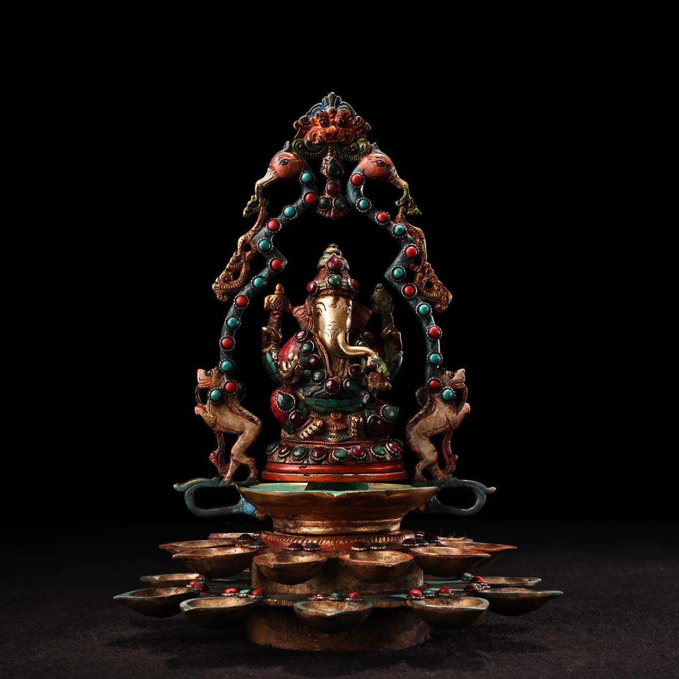 

12"Tibetan Temple Collection Old Bronze Outline in gold Gem Painted Phoenix Ganesha lotus oil lamp Buddha Terrace Town house