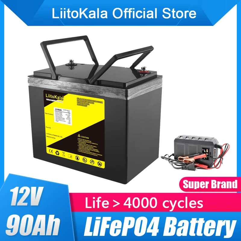 

LiitoKala 12V 90Ah LiFePO4 Battery 12.8V Lithium Power Battery 3000 Cycles For RV Campers Golf Cart Off-Road Off-grid Solar Wind
