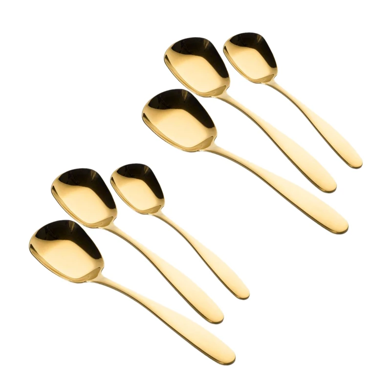 

6 Pcs/Set Stainless Steel Flat Spoons Chinese Silver Soup Coffee Tea Dinner Gold Spoon Sets Kitchen Accessories-Gold