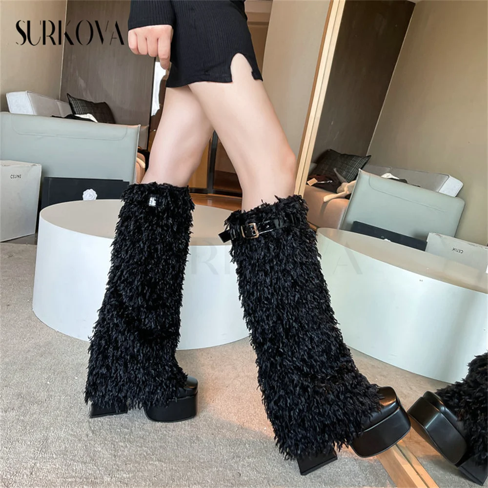 Women's Boots Fur Boots Autumn Winter New Square Toe Thick Heel Super High Heel Belt Buckle Women's Knee High Boots Cotton Boots
