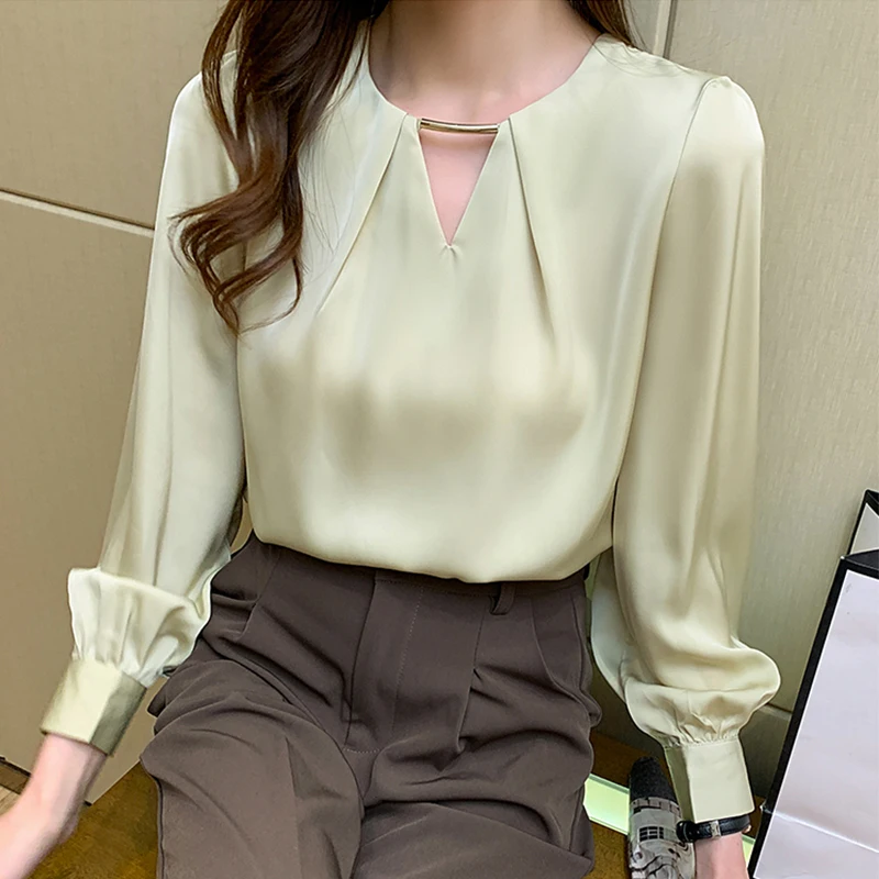

Blouse Women Long Sleeve Top Solid Color O-Neck Long Raglan Sleeves Elegant Pullover Chiffon Shirt Casual Office Ladies Green