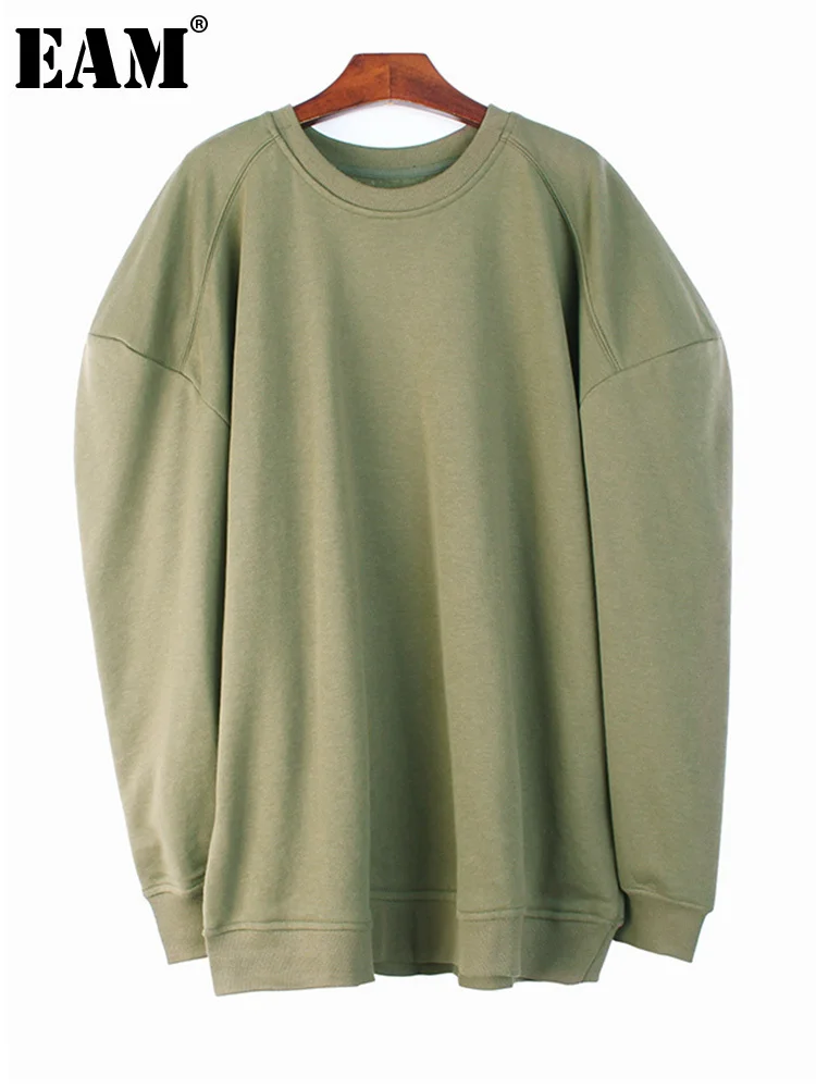 

[EAM] Свободная черная толстовка с круглым вырезом и длинным рукавом, Женская мода большого размера, весна-осень 2022 1DF3627