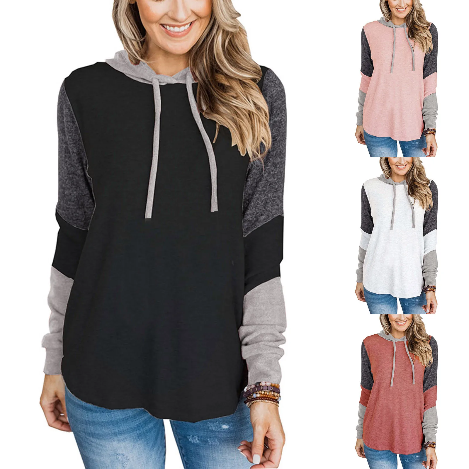 

Sweatshirt Dress for Women Ladies Long Sleeve Hooded Drawstring Top Stitching Loose Casual Sweatshirt Woman's Zip up Hoodies