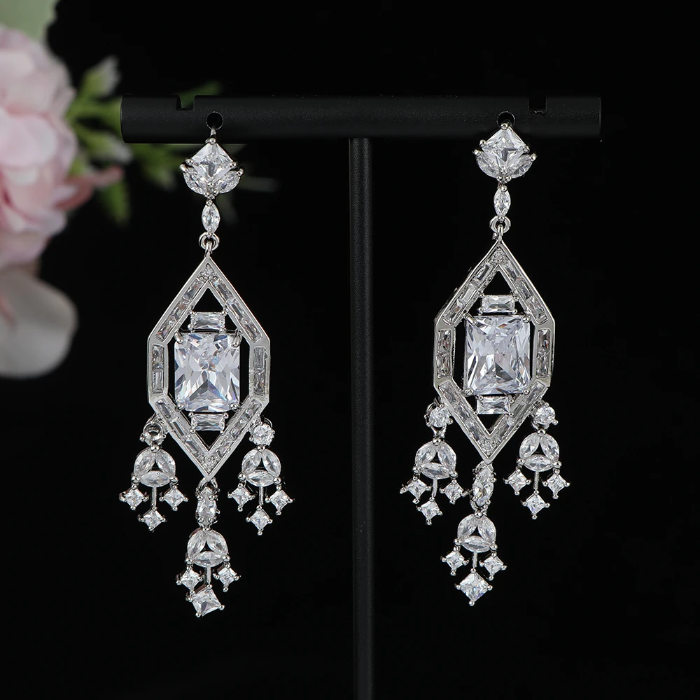 

Luxury Geometry Rhombus Tassel Earrings For Women Wedding Cubic Zirconia CZ DUBAI Bridal Earring Jewelry Accessories E1190
