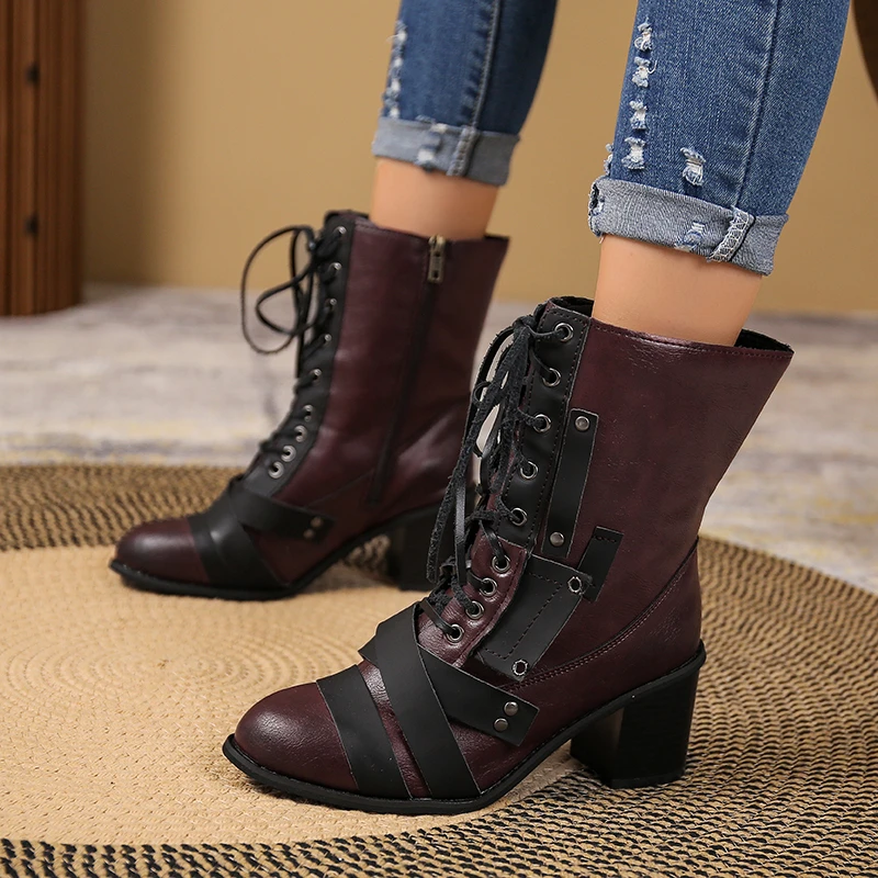 2023 New Women's Winter Outdoor Lace Up Ankle Boots Ladies Square Heel PU Boots Plus Size 35-43 Casual Short Boots