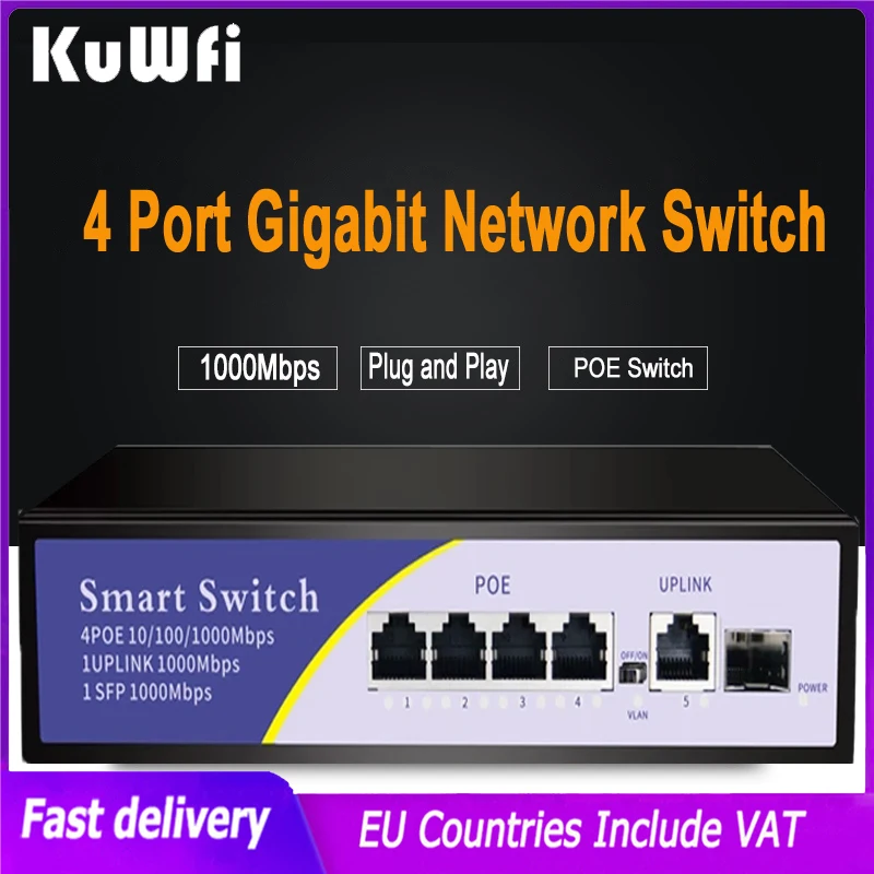 

KuWFi 4 Port POE Switch 100/1000Mbps Ethernet Internet Network Switch Gigabit Rj45 Port Lan IP Camera/Wireless AP/Wifi Router