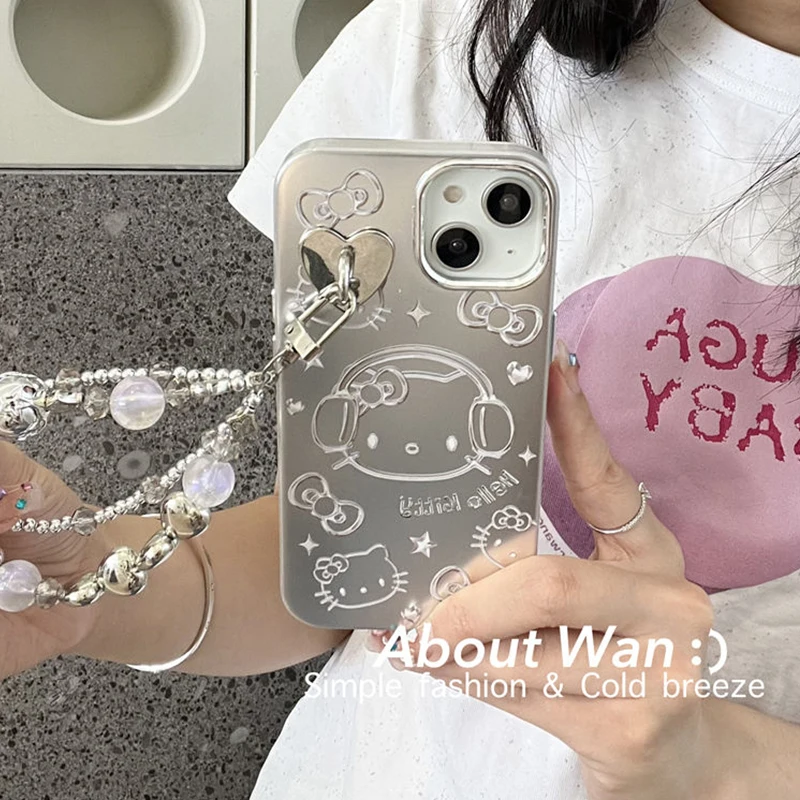

Серебристый чехол для телефона Sanrios Hellokitty для Iphone 14 Pro Max 13 12 11, чехол с подвесным орнаментом, милый модный защитный чехол-накладка