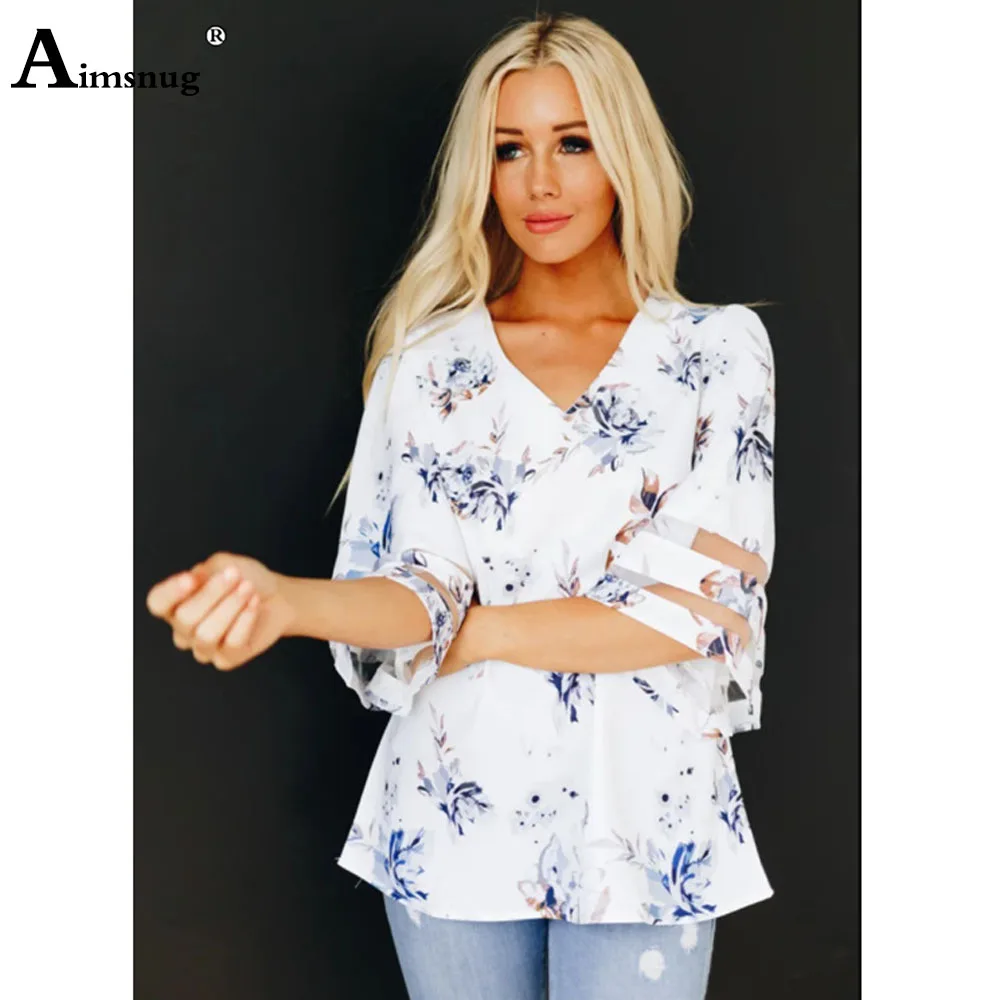 Women's Latest Casual V-neck Shirt Blouse Flare Sleeve Patchwork Guaze Tops Women Elegant Boho Flower Print Shirts blusas Femme