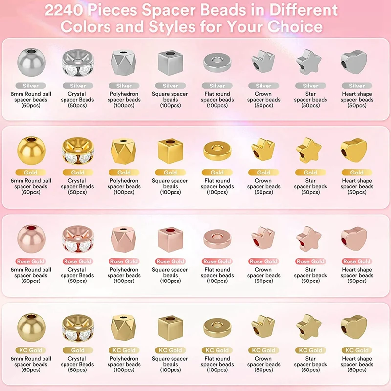 2240 Pcs Spacer Beads For Jewelry Making In 8 Styles, For Bracelets Making, Round Beads Beads Crafts