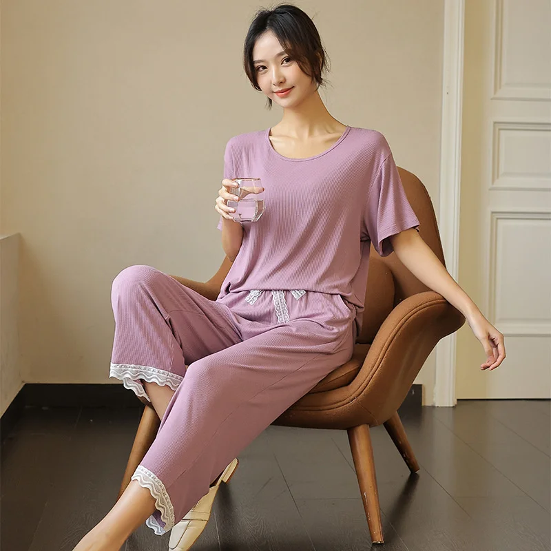 Modal Summer Pajamas Girls Summer Short Sleeve Two Piece Ice Pyjamas Short Sleeve Suit Sleepwear