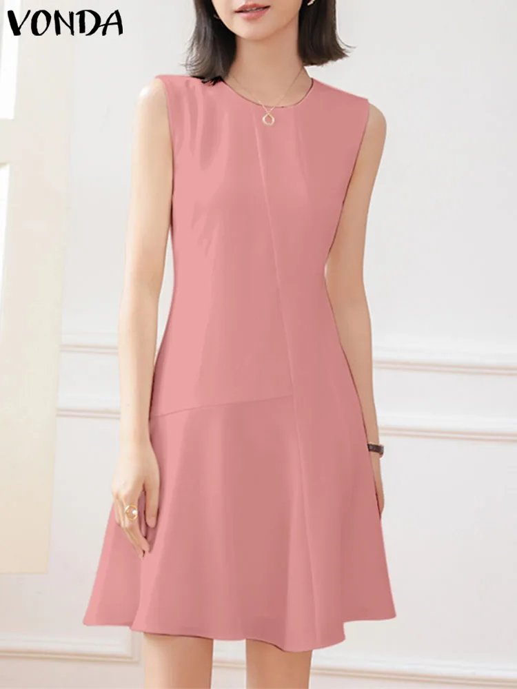 VONDA Summer Solid Color Mini Dress 2023 Elegant Women Short Sleeve Sundress Fashion Casual Loose Party Streetwear Vestidos