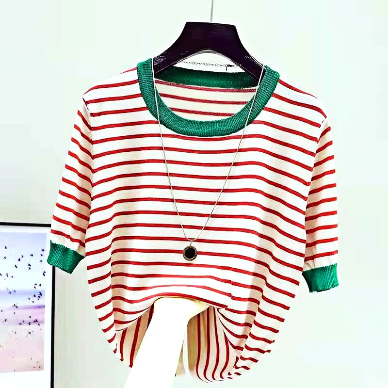 

Топ Shintimes в полоску, женская футболка, женская летняя Тонкая Вязаная футболка из ледяного шелка, женская рубашка с коротким рукавом