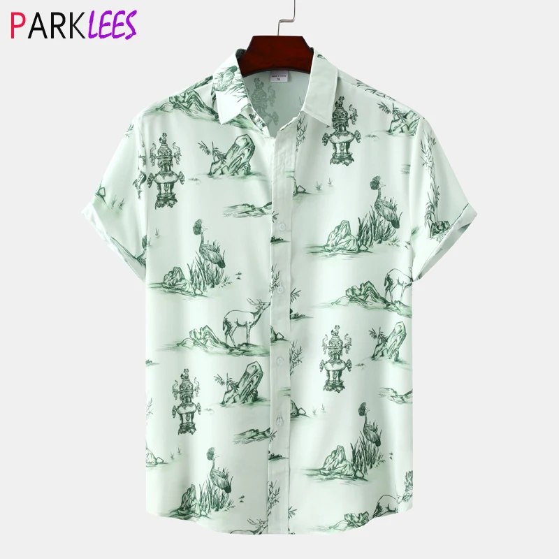 

Стильная Гавайская пляжная рубашка с животным принтом, мужская повседневная рубашка на пуговицах с коротким рукавом, вечерние рубашка для ...